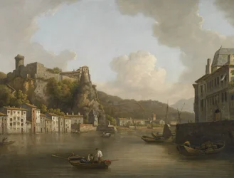Frans: Une vue du château de Pierre-Scize à Lyon Gezicht op het kasteel van Pierre Encise aan de Rhône, Lyon