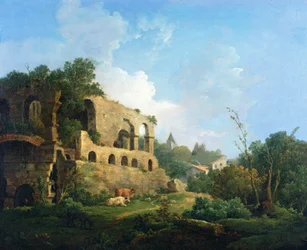Italiaans aandoend landschap met een huis bij klassieke ruïnes