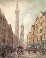 Uitzicht op Fish Street Hill, Monument en St. Magnus de Martelaar vanaf Gracechurch Street, Londen, 1795