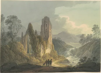 Een vervallen abdij bij een waterval