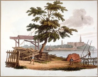 Mannen die hout verplaatsen bij Bankside, Southwark, Londen, ca. 1810