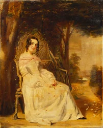 Portret van Mary Freer zittend, klein volledig lengte op een tuinbank