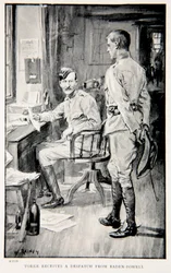 Yorke ontvangt een bericht van Baden-Powell, een illustratie uit 