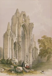 Guisborough Priory, Interieur van het Oostelijke Eind, uit The Monastic Ruins of Yorkshire, gegraveerd door George Hawkins, 1842