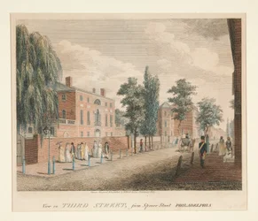 Uitzicht in Derde Straat, vanaf Spruce Street Philadelphia