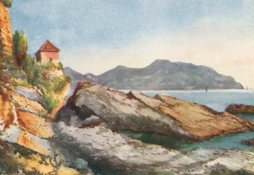 Rotsen aan de kust, Nervi (kleurenlitho)