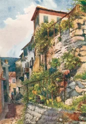 Straat in Falicon (kleurenlitho)