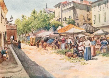 De Groentemarkt, Nice, kijkend naar het westen (kleurenlitho)