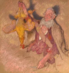 Studie van een man die een haan vasthoudt voor Hooglandse plunderaars, 1918