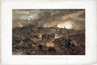 Oorlog van de Krim (1853-1856): episode van het beleg van Sebastopol (Oekraïne), de Franse troepen tussen de ruïnes na de inname van de Malakoff-toren, 8 september 1855