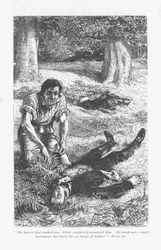 Adam Bede, die de overhand heeft gekregen op Arthur Donnithorne in een gevecht, is geschokt om zijn rivaal bewusteloos te zien liggen. Adam Bede door George Eliot, voor het eerst gepubliceerd in 1859. Illustratie door William Small (1843-1929) uit een edit