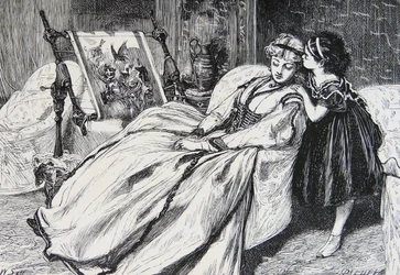 Moeder die aan een stuk naaldwerk werkt