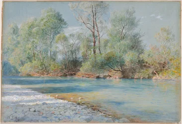 De rivier Traunstein op de weg naar Empfig, Beieren, circa 1893-96 (aquarel en gouache op blauw papier)