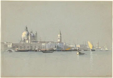 Uitzicht over het Giudecca Kanaal naar de Salute en de Campanile van San Marco