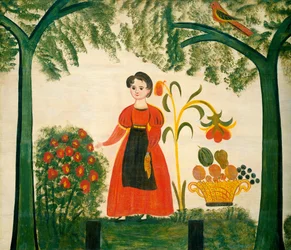 Meisje in rood met bloemen en een distelfink, ca. 1830 (olieverf op hout (vuurplaat))