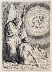 Michael toont Adam een visioen uit Paradise Lost van John Milton, een serie van 12 illustraties geëtst door William Strang