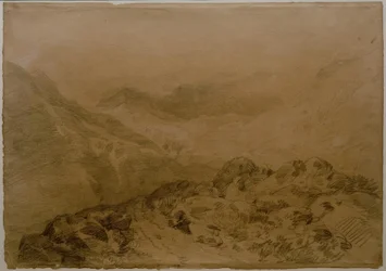 Een rotsachtige pas tussen bergen (Glen Croe, met hellingen van Ben Arthur: Ben an Lochain)