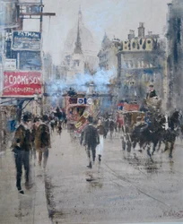 Fleet Street en Ludgate Hill Viaduct met rook van een passerende trein