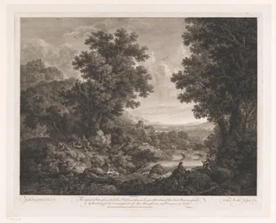 Landschap met figuren rondom een vuur en tekenaar en schalmeispeler aan de oever van een rivier