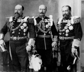De Prins van Wales en zijn broers op de bruiloft van de Hertog van York