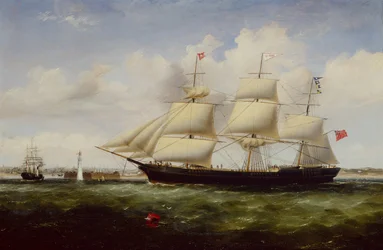 Schip Shepherdess passeert Perch Rock Fort en vuurtoren bij aankomst in de Mersey