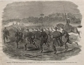Aanval van het Eerste Massachusetts Regiment op een Rebel Geweerput bij Yorktown, 1862