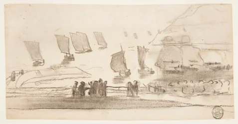Tekening, Strandgezicht met mensen en vissersboten, Cullercoats, Engeland, 1881-82