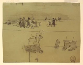 Tekening, Strandgezicht met vrouwen die manden dragen, Cullercoats, Engeland, 1881-82