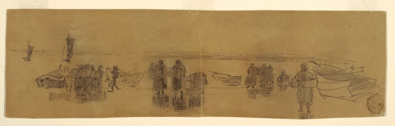 Tekening, Strand met vier vissersboten, Cullercoats, Engeland, 1881-82