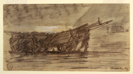 Tekening, Vissers stranden een boot, Cullercoats, Engeland, 1881