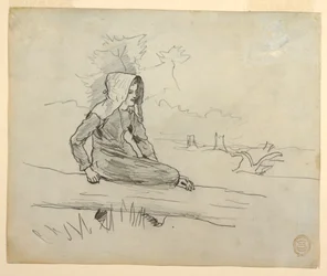 Tekening, Meisje zittend op een boomstam, 1879