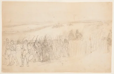Tekening, marcherende infanteriecolonne, ca. 1862