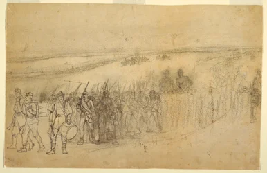 Tekening, marcherende infanteriecolonne, ca. 1862