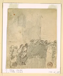 Tekening, Mannen en vrouwen kijken uit op zee, Cullercoats, Engeland, 1881