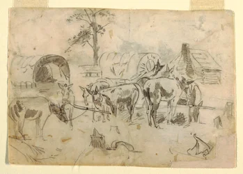 Tekening, rustende muilezels vastgebonden aan wagens, 1862