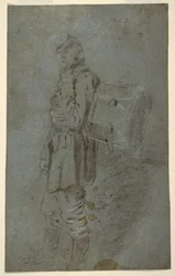 Tekening, zijaanzicht van een trommelaar, ca. 1864
