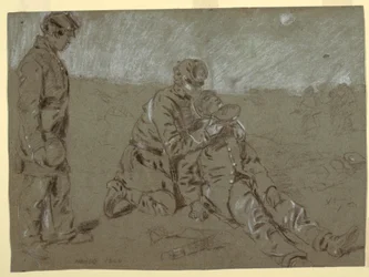 Tekening, soldaat geeft water aan gewonde kameraad, 1864