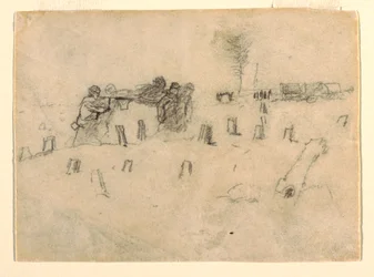Tekening, brancardiers die een soldaat dragen, waarschijnlijk 1862