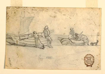 Tekening, Twee boten op strand met figuren, Cullercoats, Engeland, 1881-82