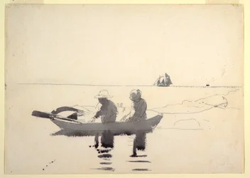 Tekening, Twee figuren in een roeiboot, 1880