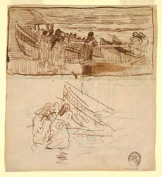 Tekening, Twee studies van vrouwen die kijken naar het te water laten van sloepen, Cullercoats, Engeland, 1881