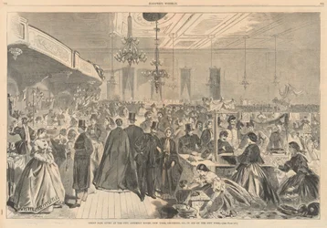 Grote kermis gehouden in de stadsvergaderzalen, New York, december 1861, ten behoeve van de stadsarmen; uit Harper