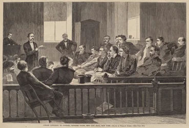 Juristen luisteren naar de raad, Hooggerechtshof, New City Hall, New York