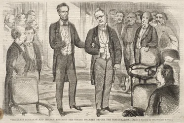 President Buchanan en president Lincoln betreden de Senaatskamer voor de inauguratie