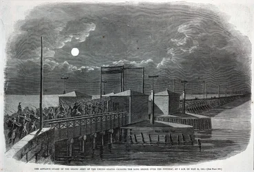 De voorhoede van het Grote Leger van de Verenigde Staten steekt de Long Bridge over de Potomac over om 2 uur 