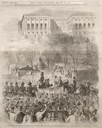De Inhuldigingsprocessie in Washington passeert de poort van de Capitoolgronden, 1861