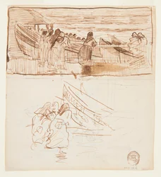 Twee studies van vrouwen achter een reling, kijkend naar de tewaterlating van dories, Cullercoats, Engeland