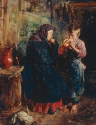 Oude vrouw en jongen met brood