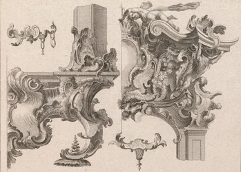Suggestie voor de decoratie van de rechteronder- en rechterbovenkant van een altaarframe, gedrukt ca. 1750-56