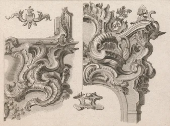 Suggestie voor de decoratie van de rechter benedenhoek en rechter bovenhoek van een altaarframe..., Gedrukt ca. 1750-56